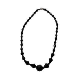 Vintage Black Glass Faceted Beaded Single Strand Necklace 16”